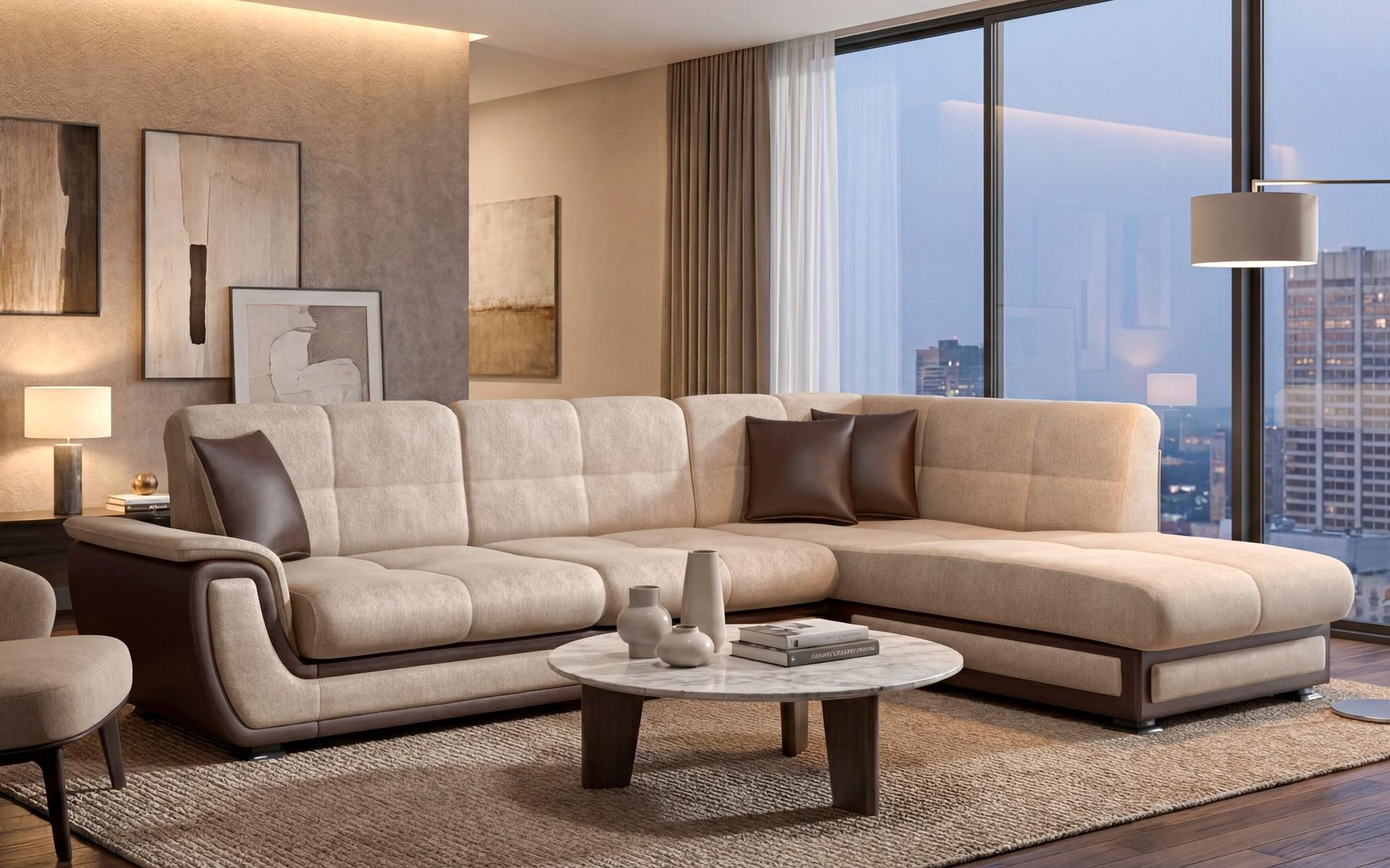 Extendable corner sofa + click-clack mechanism Princess ΙΙ, dark beige + brown leather  3
